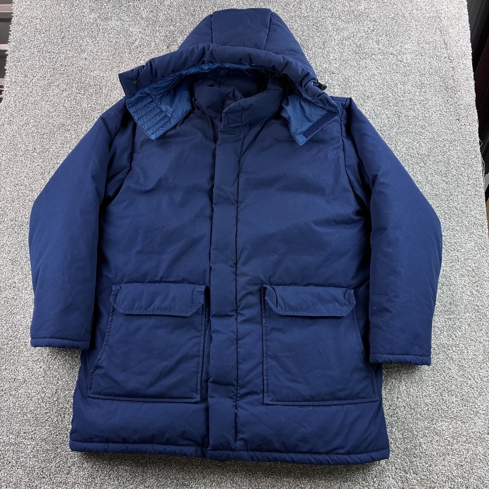 Vintage Cabela's Goose Down Parka Jacket Men Large Blue Hooded Heavy Winter Coat
